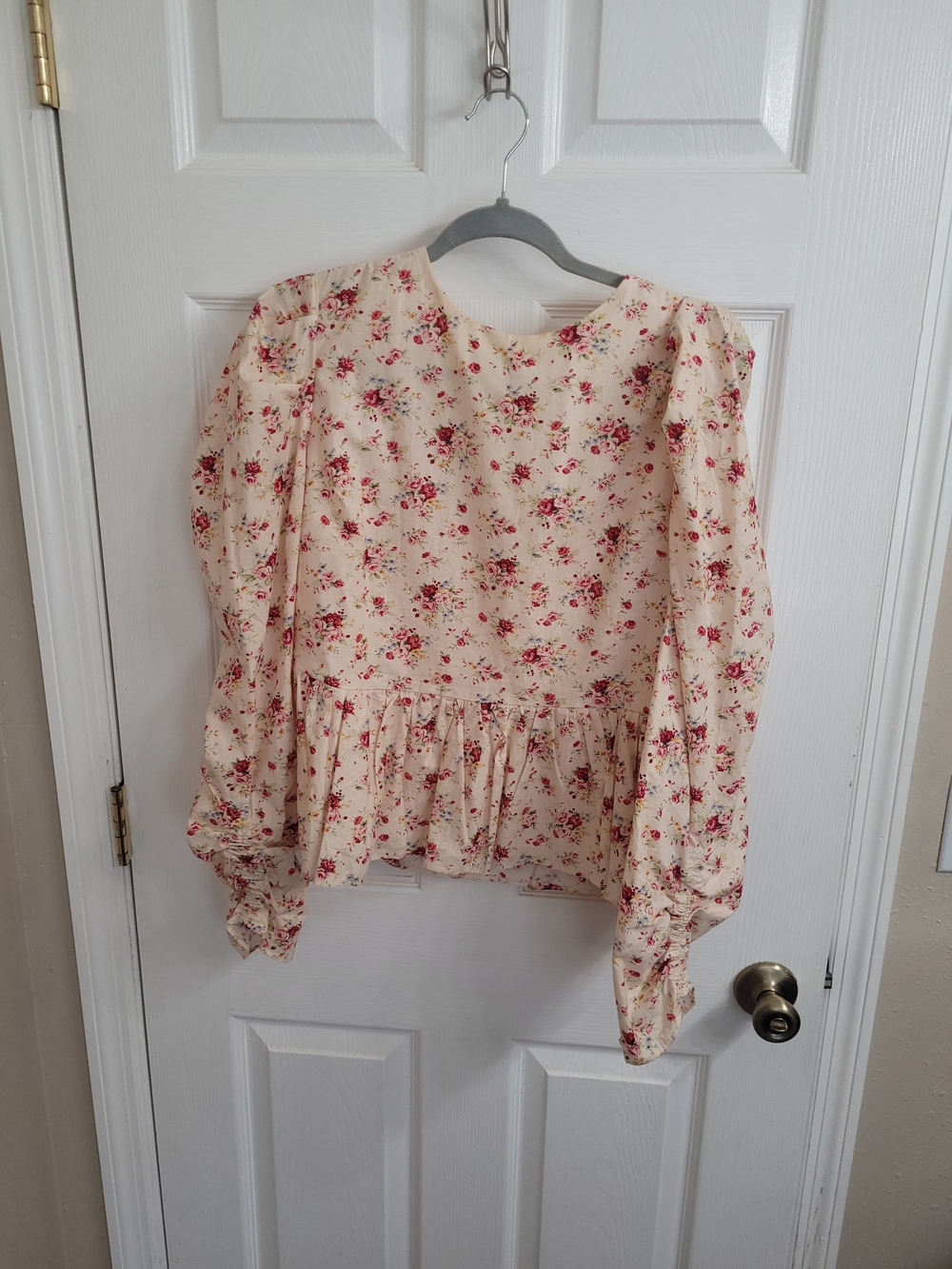 Floral Cream Peplum Blouse with Long Puff Sleeves